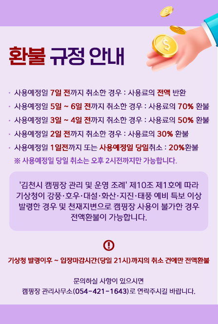 환불 규정 안내 - 사용예정일 7일 전까지 취소한 경우 : 사용료의 전액 반환 - 사용예정일 5일 ~ 6일 전까지 취소한 경우 : 사용료의 70% 환불 - 사용예정일 3일 ~ 4일 전까지 취소한 경우 : 사용료의 50% 환불 - 사용예정일 2일 전까지 취소한 경우 : 사용료의 30% 환불 - 사용예정일 1일전까지 또는 사용예정일 당일취소 : 20%환불 ‣ 사용예정일 당일 취소는 오후 2시전까지만 가능합니다. '김천시 캠핑장 관리 및 운영 조례' 제10조 제1호에 따라 기상청이 강풍·호우·대설·화산·지진·태풍 예비 특보 이상 발령한 경우 및 천재지변으로 캠핑장 사용이 불가한 경우 전액환불이 가능합니다. ※기상청 발령이후 ~ 입장마감시간(당일 21시)까지의 취소 건에만 전액환불 문의하실 사항이 있으시면 캠핑장 관리사무소(054-421-1643)로 연락주시길 바랍니다.